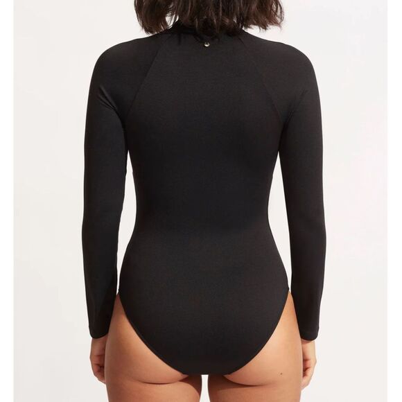EUC Seafolly Collective Zip Front Surfsuit Rashguard, Black w/ Gold Zip, Sz 12 - Picture 2 of 7